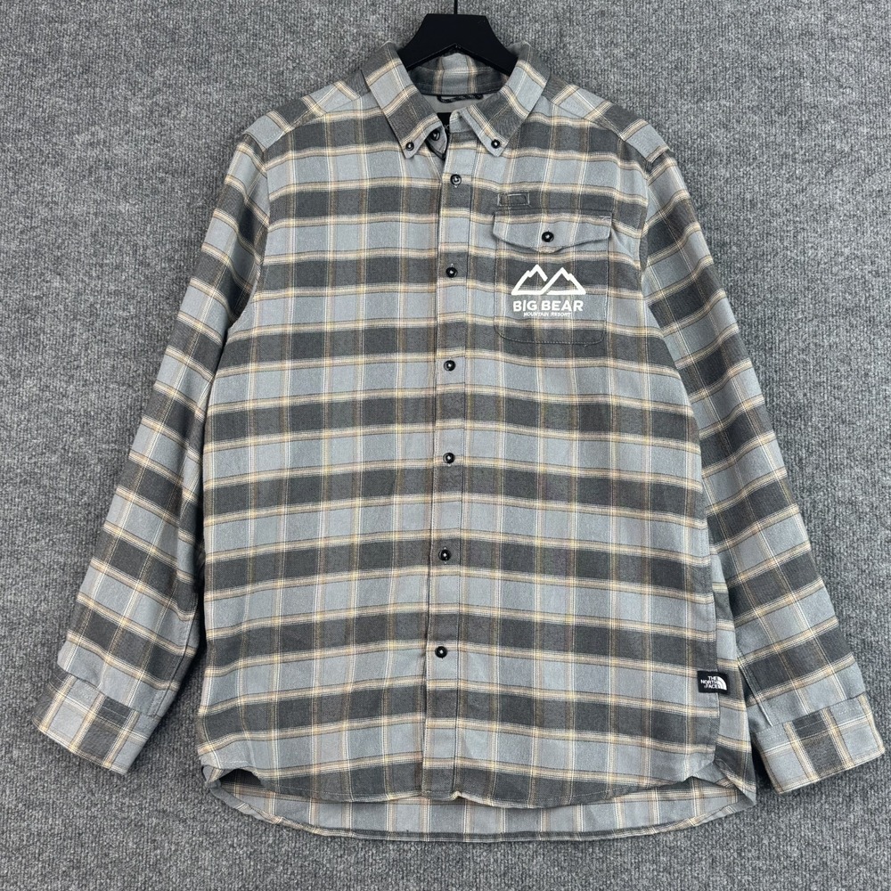 The North Face Flannel Button Shirt MENS L Gray Plaid Big Bear Resort Logo Hike